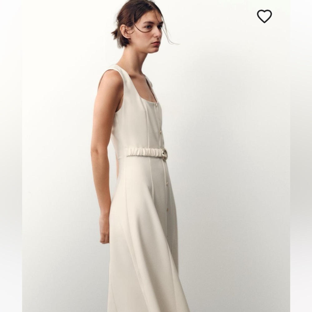 Zara NWT Cream Sleeveless Faux button Midi Dress attached Gold belt size Large - Picture 3 of 12
